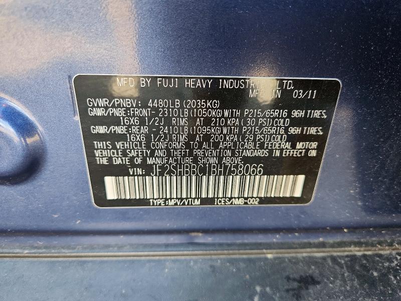 Продажа на аукционе авто 2011 Subaru Forester, vin: JF2SHBBC1BH758066, номер лота: 58299876