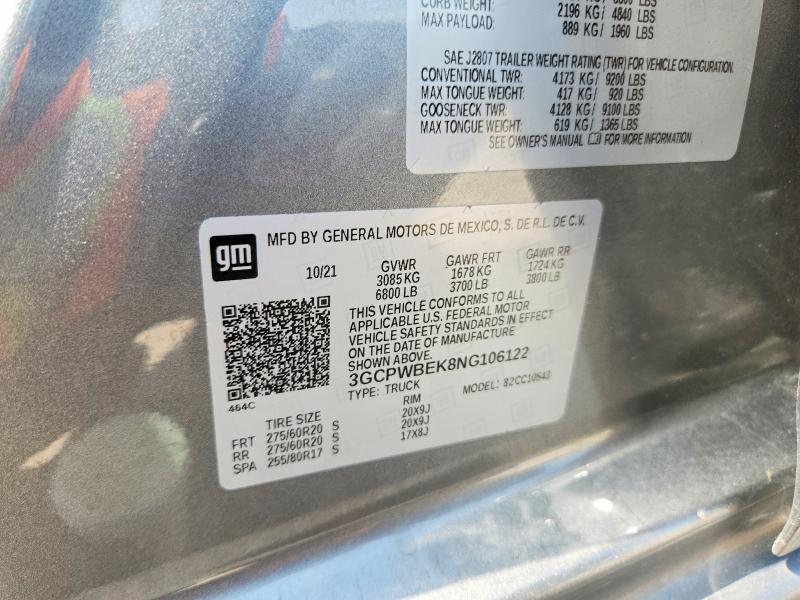 Aukcja sprzedaży 2022 Chevrolet Silverado Ltd, vin: 3GCPWBEK8NG106122, numer aukcji: 58587156