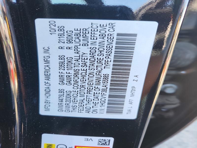 Продаж на аукціоні авто 2020 Honda Accord, vin: 1HGCV1F38LA155885, номер лоту: 58020816