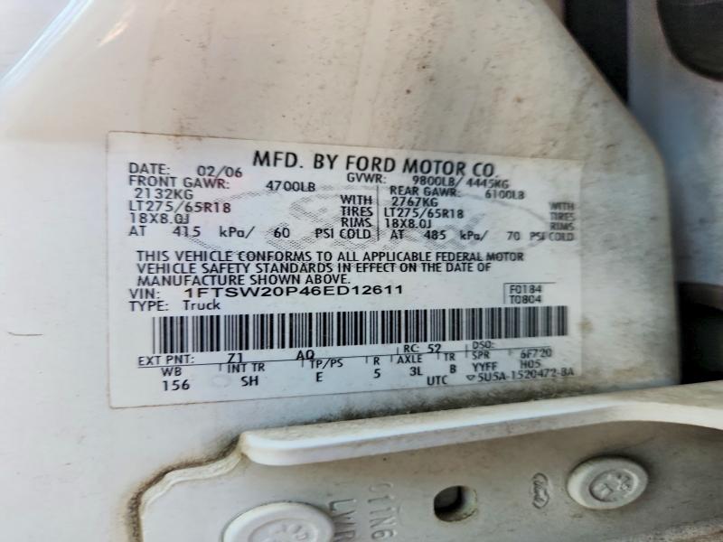 2006 Ford F250 მანქანა იყიდება აუქციონზე, vin: 1FTSW20P46ED12611, აუქციონის ნომერი: 55981696