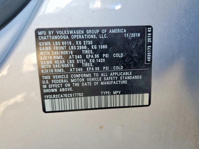 57123626 :رقم المزاد ، 1V2LR2CA7KC517752 vin ، 2019 Volkswagen Atlas مزاد بيع