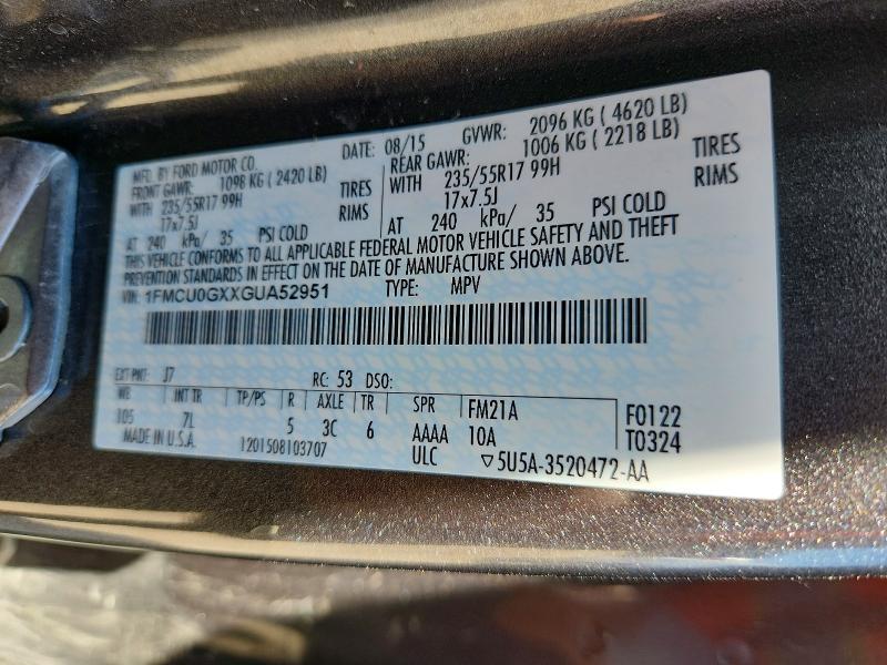 Продажа на аукционе авто 2016 Ford Escape, vin: 1FMCU0GXXGUA52951, номер лота: 57508486