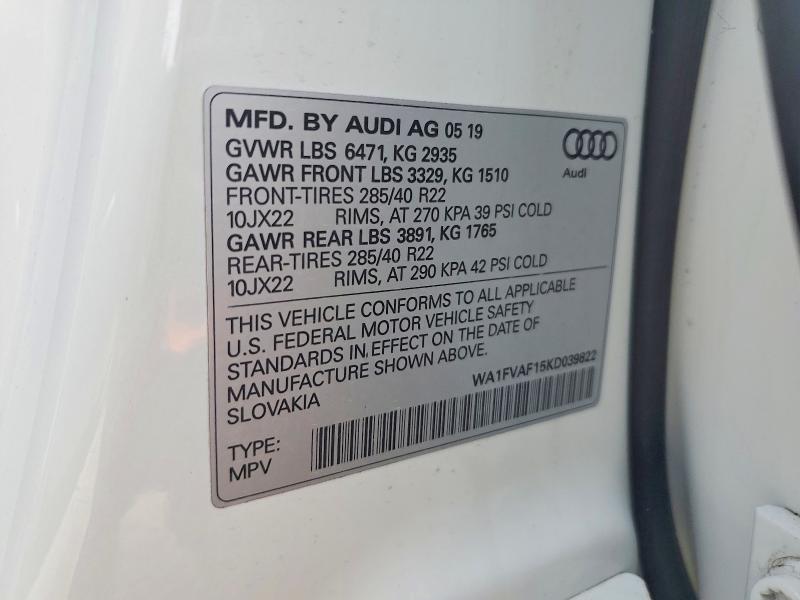 55777186 :رقم المزاد ، WA1FVAF15KD039822 vin ، 2019 Audi Q8 مزاد بيع
