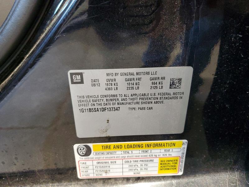 58961996 :رقم المزاد ، 1G11B5SA1DF137347 vin ، 2013 Chevrolet Malibu مزاد بيع