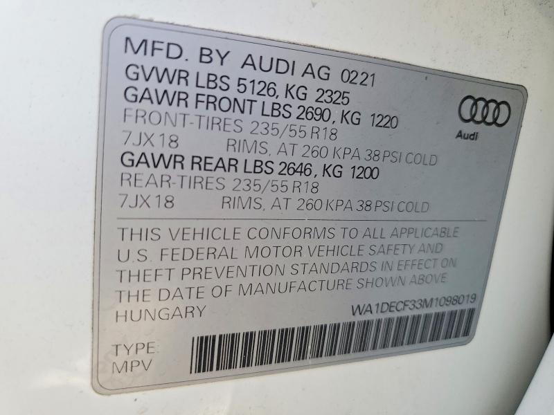 56586756 :رقم المزاد ، WA1DECF33M1098019 vin ، 2021 Audi Q3 مزاد بيع
