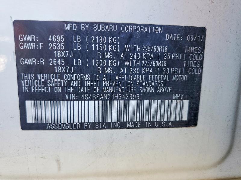 2017 Subaru Outback მანქანა იყიდება აუქციონზე, vin: 4S4BSANC1H3433991, აუქციონის ნომერი: 55613156