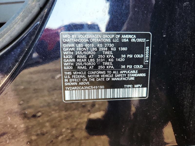 Aukcja sprzedaży 2022 Volkswagen Atlas, vin: 1V2AR2CA3NC549190, numer aukcji: 58700806