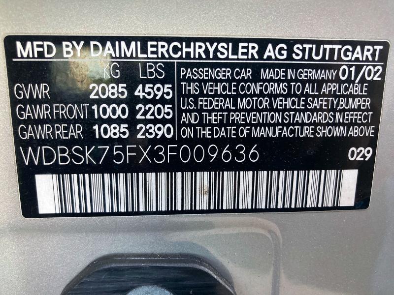 Продажа на аукционе авто 2003 Mercedes-benz Sl, vin: WDBSK75FX3F009636, номер лота: 59667396