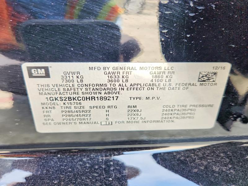 56610866 :رقم المزاد ، 1GKS2BKC0HR189217 vin ، 2017 Gmc Yukon مزاد بيع