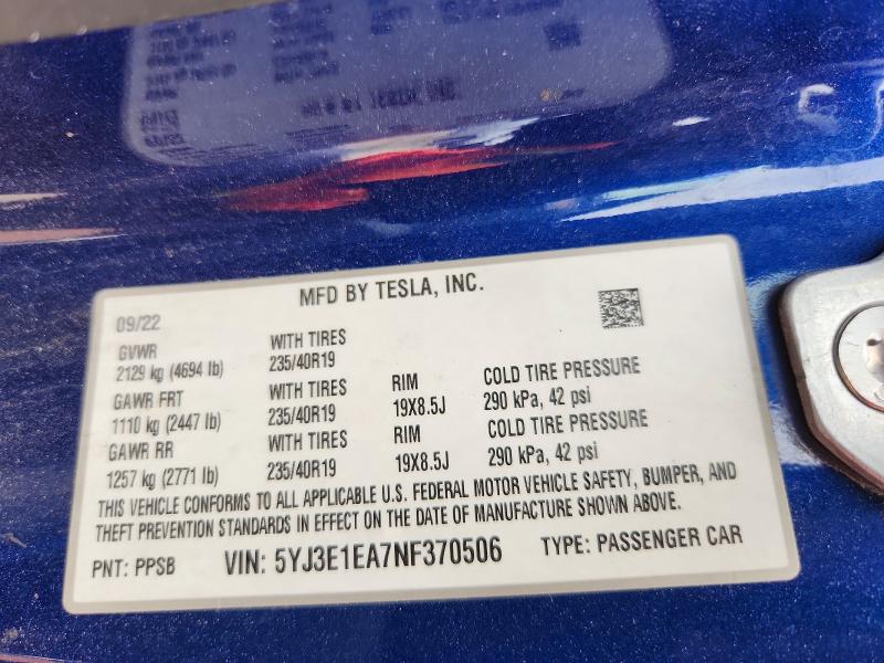 Продаж на аукціоні авто 2022 Tesla Model 3, vin: 5YJ3E1EA7NF370506, номер лоту: 56976866