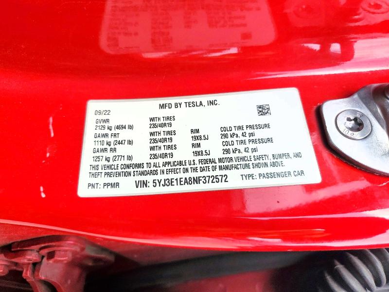 2022 Tesla Model 3 მანქანა იყიდება აუქციონზე, vin: 5YJ3E1EA8NF372572, აუქციონის ნომერი: 56759966