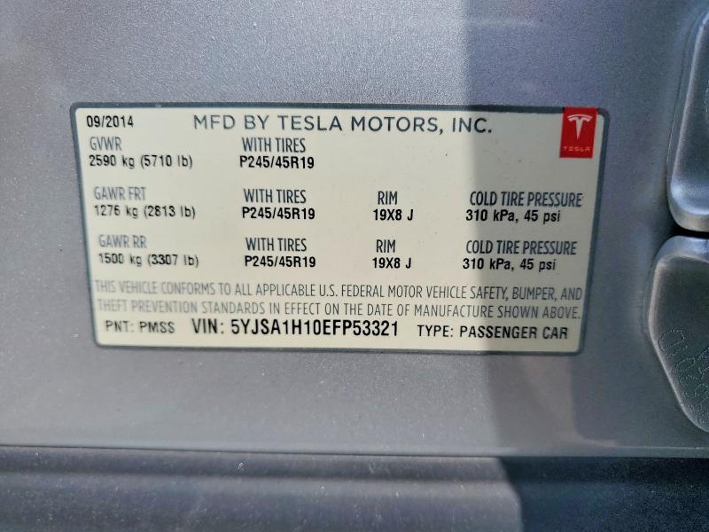 2014 Tesla Model S მანქანა იყიდება აუქციონზე, vin: 5YJSA1H10EFP53321, აუქციონის ნომერი: 57736336