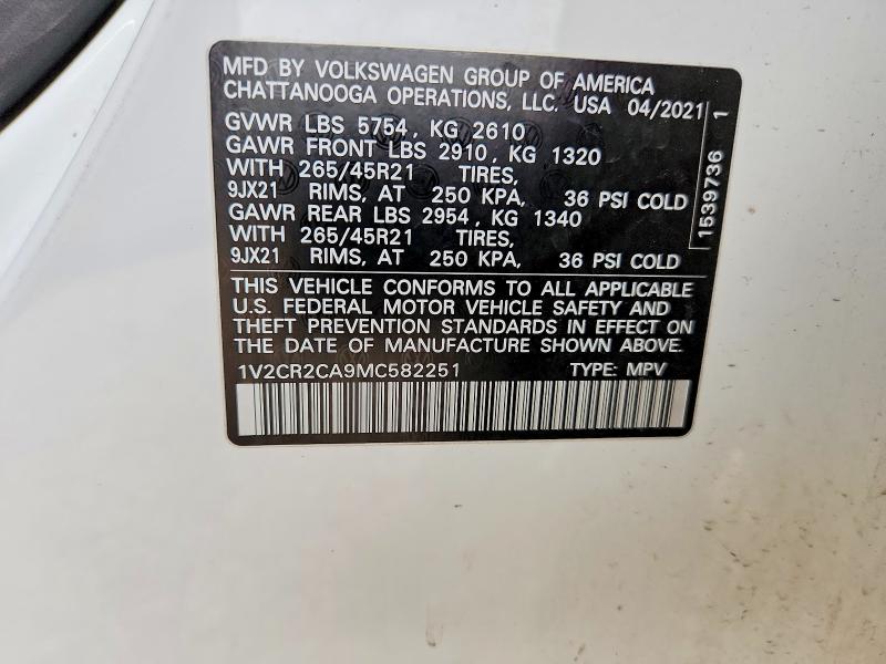 58046136 :رقم المزاد ، 1V2CR2CA9MC582251 vin ، 2021 Volkswagen Atlas مزاد بيع