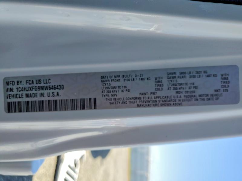 Auction sale of the 2021 Jeep Wrangler Unlimited, vin: 1C4HJXFG9MW646430, lot number: 55536396