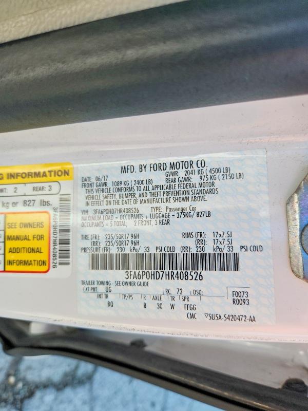 Продажа на аукционе авто 2017 Ford Fusion, vin: 3FA6P0HD7HR408526, номер лота: 56678046