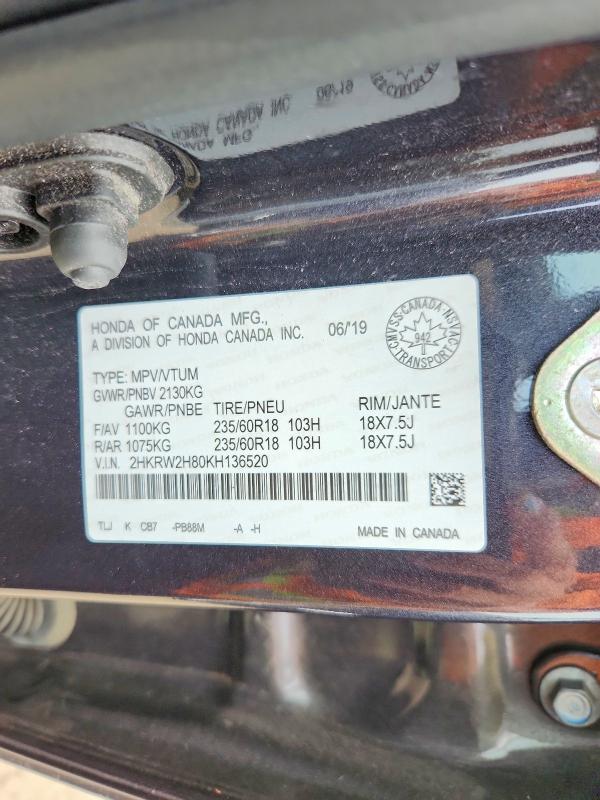 Продаж на аукціоні авто 2019 Honda Cr-v, vin: 2HKRW2H80KH136520, номер лоту: 53820846