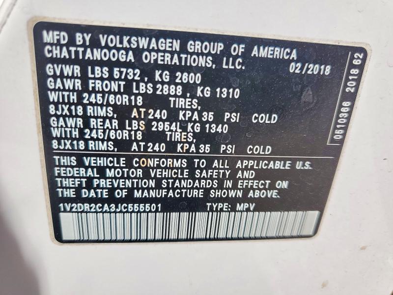 58073866 :رقم المزاد ، 1V2DR2CA3JC555501 vin ، 2018 Volkswagen Atlas مزاد بيع