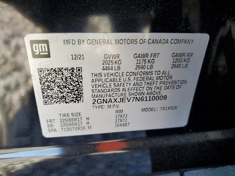 2022 Chevrolet Equinox მანქანა იყიდება აუქციონზე, vin: 2GNAXJEV7N6110009, აუქციონის ნომერი: 56438446