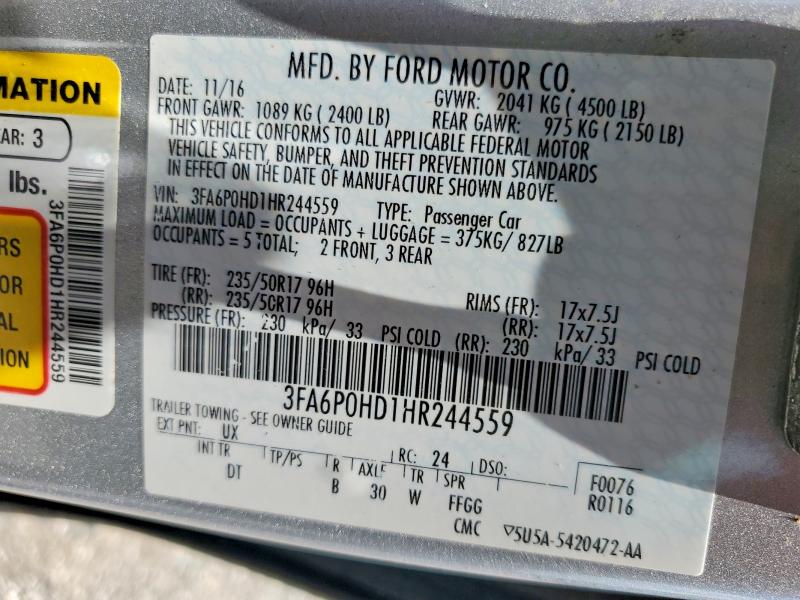 57870186 :رقم المزاد ، 3FA6P0HD1HR244559 vin ، 2017 Ford Fusion مزاد بيع