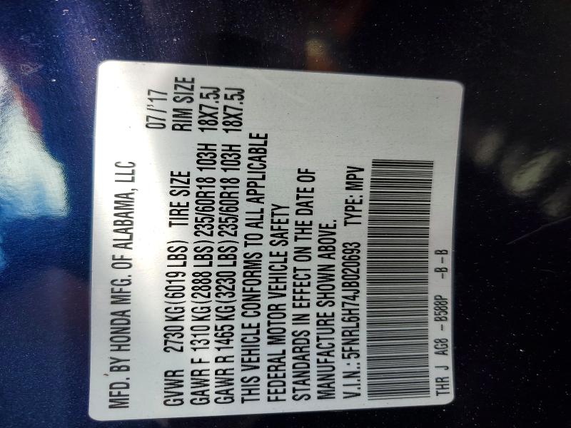 58385856 :رقم المزاد ، 5FNRL6H74JB020693 vin ، 2018 Honda Odyssey مزاد بيع