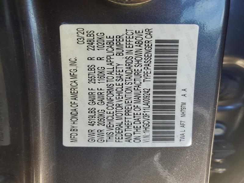 Продаж на аукціоні авто 2020 Honda Accord, vin: 1HGCV3F11LA009242, номер лоту: 85990155