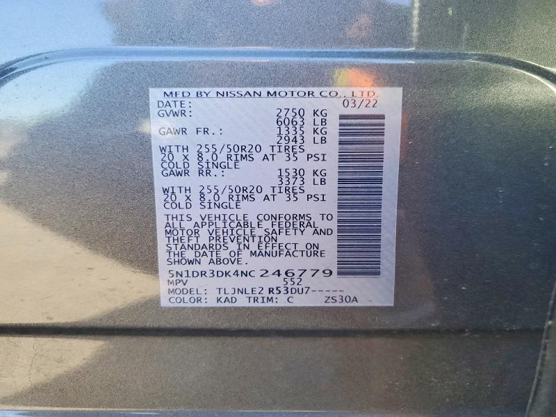 56460366 :رقم المزاد ، 5N1DR3DK4NC246779 vin ، 2022 Nissan Pathfinder مزاد بيع