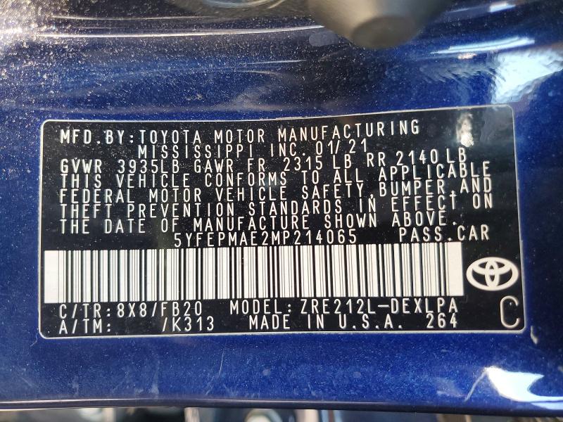 Продажа на аукционе авто 2021 Toyota Corolla, vin: 5YFEPMAE2MP214065, номер лота: 58159266