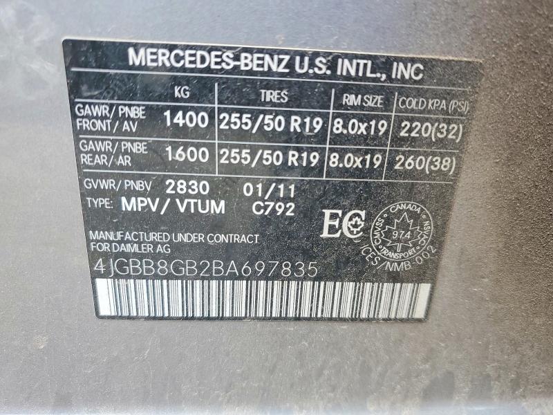 2011 Mercedes-benz Ml მანქანა იყიდება აუქციონზე, vin: 4JGBB8GB2BA697835, აუქციონის ნომერი: 56855856