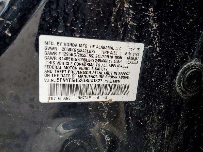 2016 Honda Pilot მანქანა იყიდება აუქციონზე, vin: 5FNYF6H52GB041827, აუქციონის ნომერი: 58332656