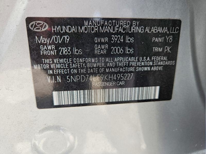 58464176 :رقم المزاد ، 5NPD74LF9KH495227 vin ، 2019 Hyundai Elantra مزاد بيع