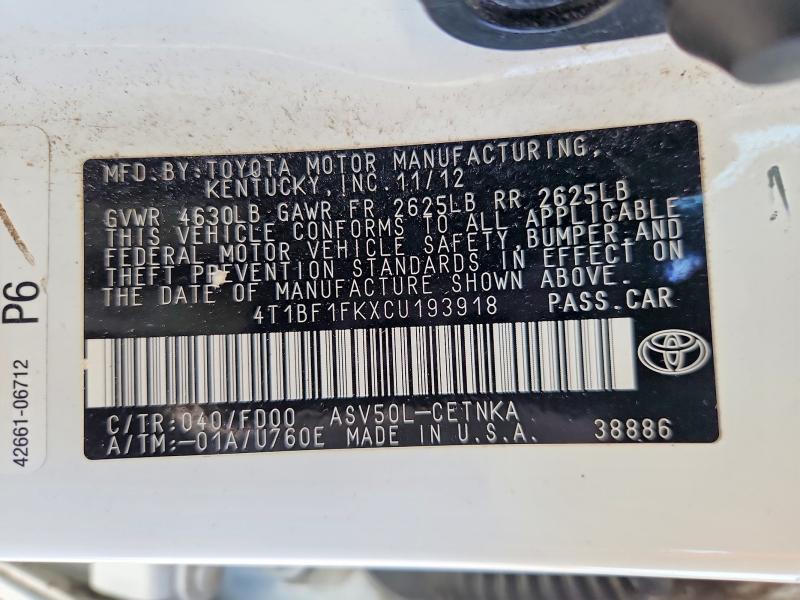 Aukcja sprzedaży 2013 Toyota Camry, vin: 4T1BF1FKXCU193918, numer aukcji: 57433866