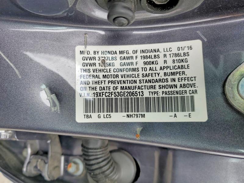 2016 Honda Civic მანქანა იყიდება აუქციონზე, vin: 19XFC2F53GE206513, აუქციონის ნომერი: 56775106