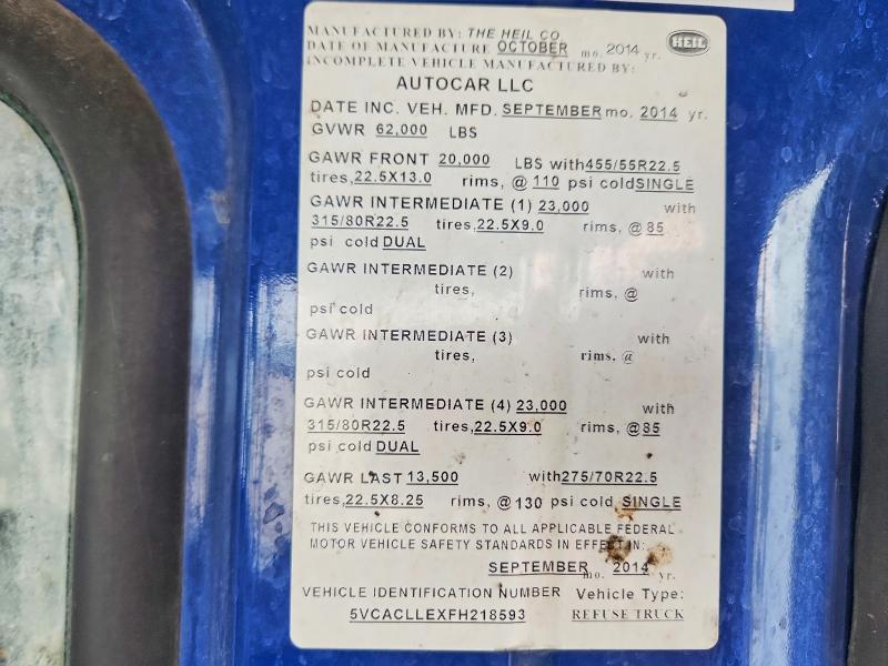 58140926 :رقم المزاد ، 5VCACLLEXFH218593 vin ، 2015 Autocar Xpeditor مزاد بيع