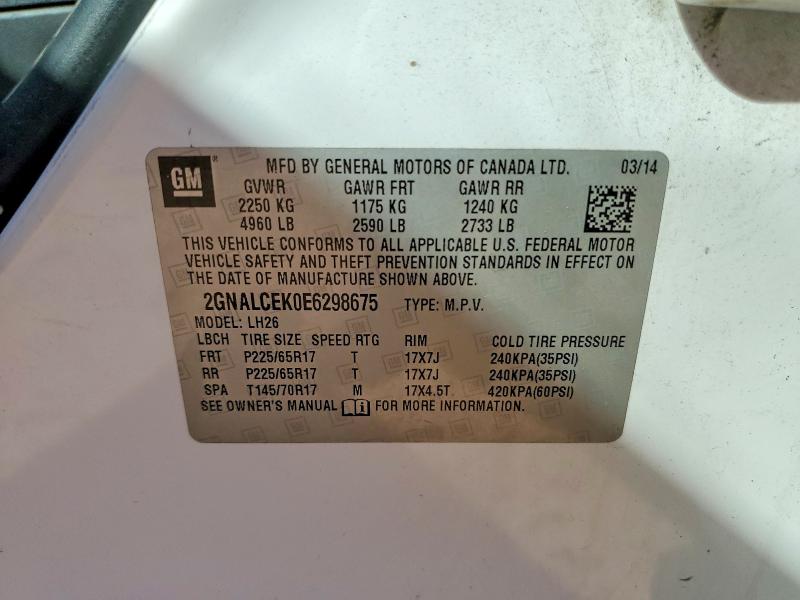 Продаж на аукціоні авто 2014 Chevrolet Equinox, vin: 2GNALCEK0E6298675, номер лоту: 56237346