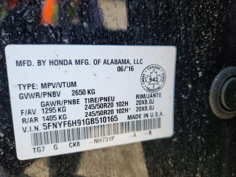 57753696 :رقم المزاد ، 5FNYF6H91GB510165 vin ، 2016 Honda Pilot مزاد بيع