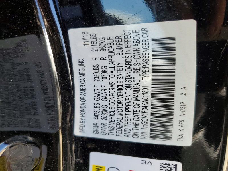 56680826 :رقم المزاد ، 1HGCV1F34KA011801 vin ، 2019 Honda Accord مزاد بيع