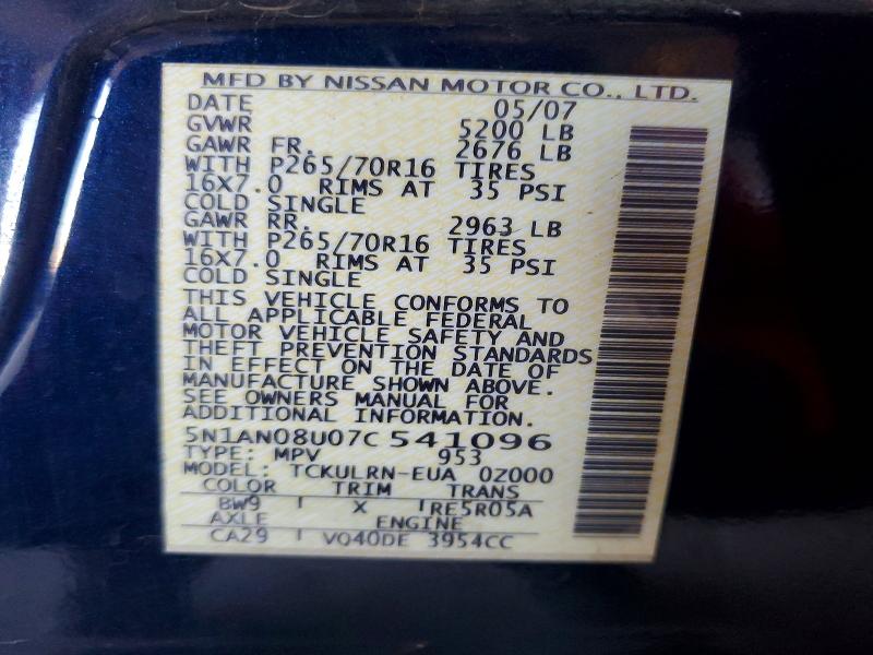 56855296 :رقم المزاد ، 5N1AN08U07C541096 vin ، 2007 Nissan Xterra مزاد بيع