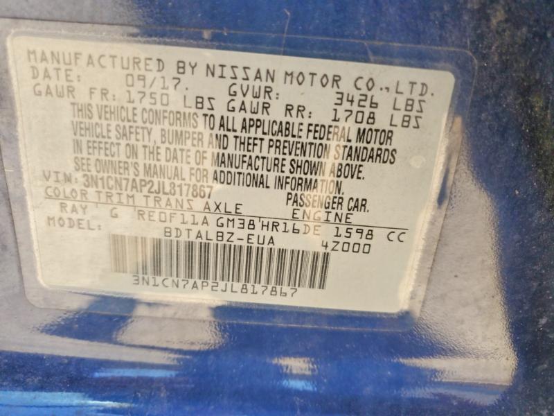 Продажа на аукционе авто 2018 Nissan Versa, vin: 3N1CN7AP2JL817867, номер лота: 55306356