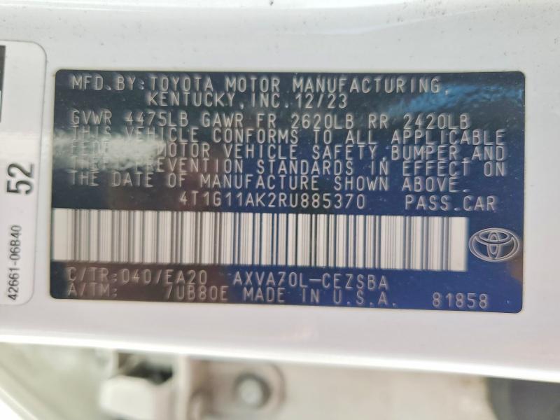 2024 Toyota Camry მანქანა იყიდება აუქციონზე, vin: 4T1G11AK2RU885370, აუქციონის ნომერი: 58732296