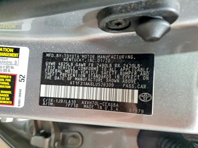 Продаж на аукціоні авто 2020 Toyota Camry, vin: 4T1F31AK6LU526309, номер лоту: 55701236