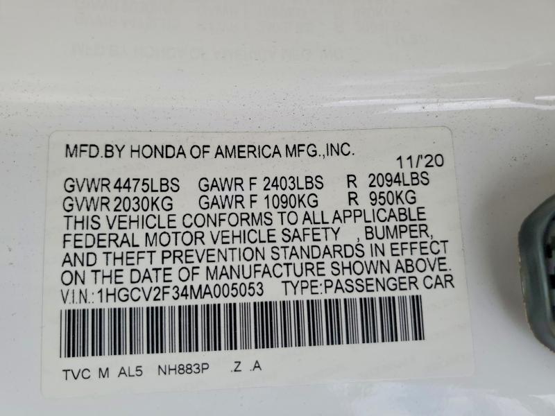 Aukcja sprzedaży 2021 Honda Accord, vin: 1HGCV2F34MA005053, numer aukcji: 58919106