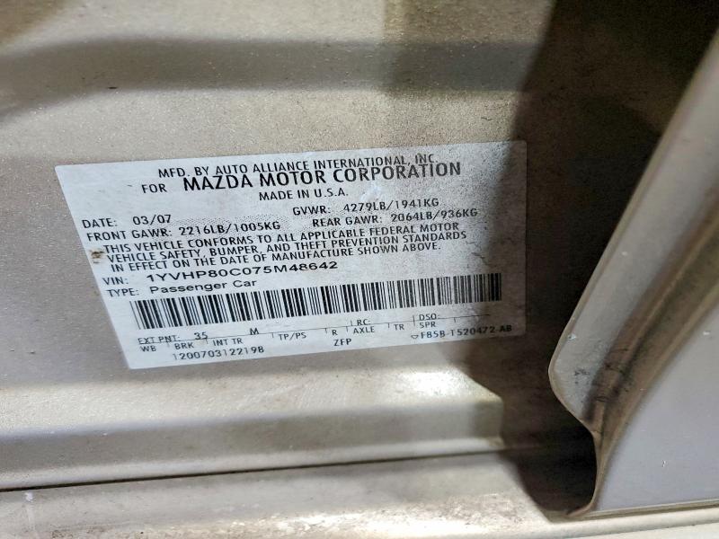 2007 Mazda 6 მანქანა იყიდება აუქციონზე, vin: 1YVHP80C075M48642, აუქციონის ნომერი: 58808486