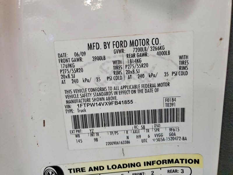 2009 Ford F150 მანქანა იყიდება აუქციონზე, vin: 1FTPW14VX9FB41855, აუქციონის ნომერი: 56493776