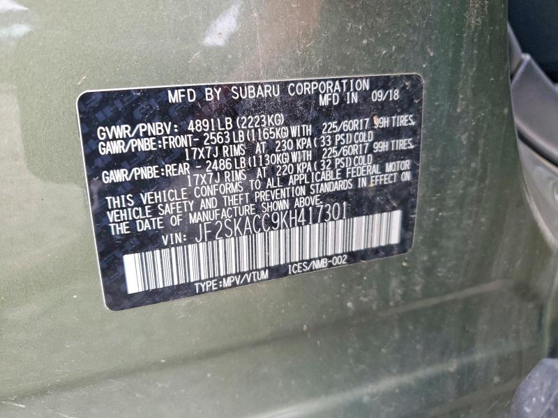 59199376 :رقم المزاد ، JF2SKACC9KH417301 vin ، 2019 Subaru Forester مزاد بيع
