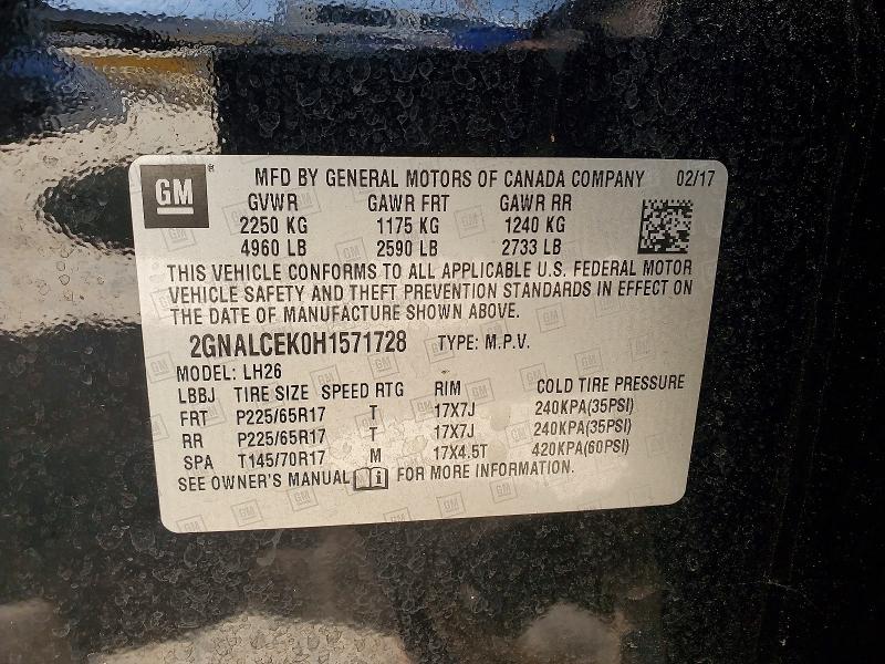 Aukcja sprzedaży 2017 Chevrolet Equinox, vin: 2GNALCEK0H1571728, numer aukcji: 57305426