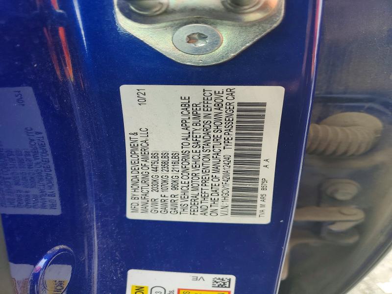 Aukcja sprzedaży 2021 Honda Accord, vin: 1HGCV1F42MA124240, numer aukcji: 55872736