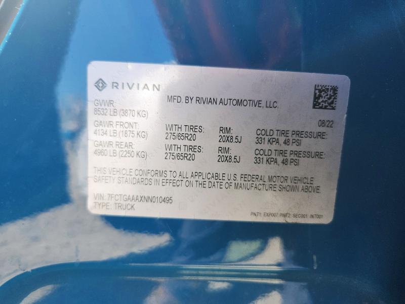 Aukcja sprzedaży 2022 Rivian R1t, vin: 7FCTGAAAXNN010495, numer aukcji: 55103016
