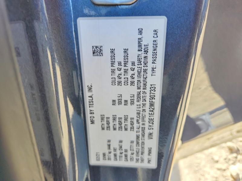 57620076 :رقم المزاد ، 5YJ3E1EA2MF907331 vin ، 2021 Tesla Model 3 مزاد بيع