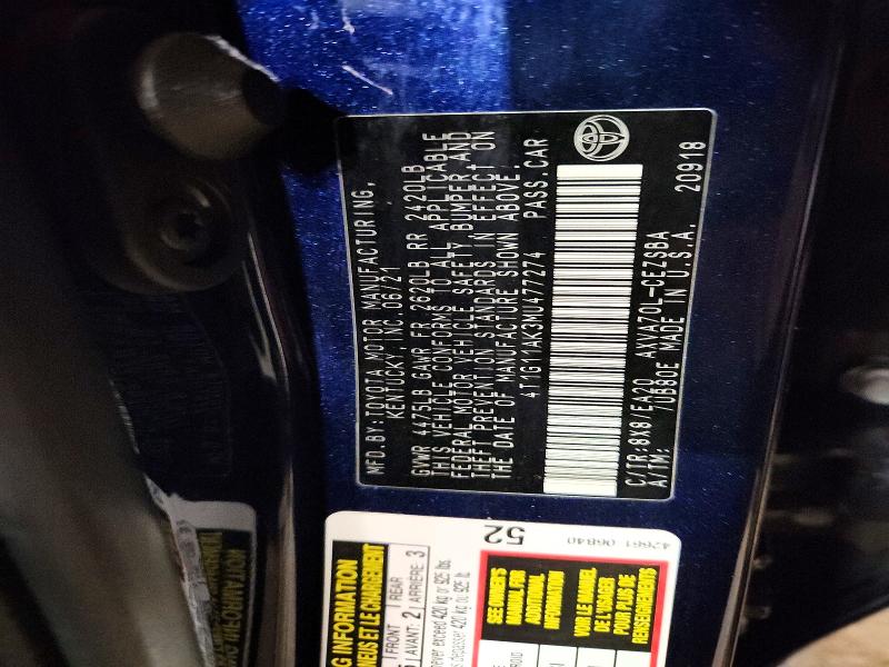 2021 Toyota Camry მანქანა იყიდება აუქციონზე, vin: 4T1G11AK3MU477274, აუქციონის ნომერი: 58843946