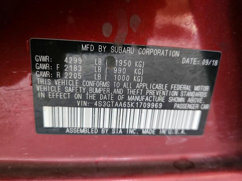 55976186 :رقم المزاد ، 4S3GTAA65K1709969 vin ، 2019 Subaru Impreza مزاد بيع